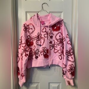 QOS Pink Hoodie with Red Sequin hearts and locks